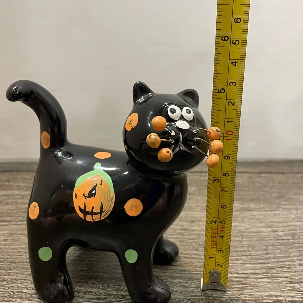 Halloween Black Cat Figurine. Whiskers wire ceramic. Whimsical. Pre-owned